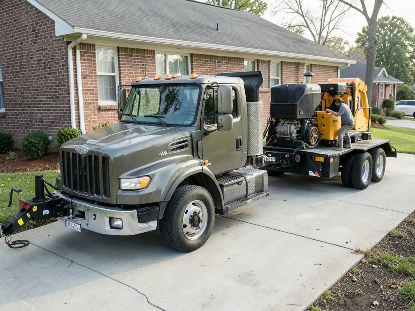 Clean commercial service truck and equipment trailer carrying modern stump grinding machinery
