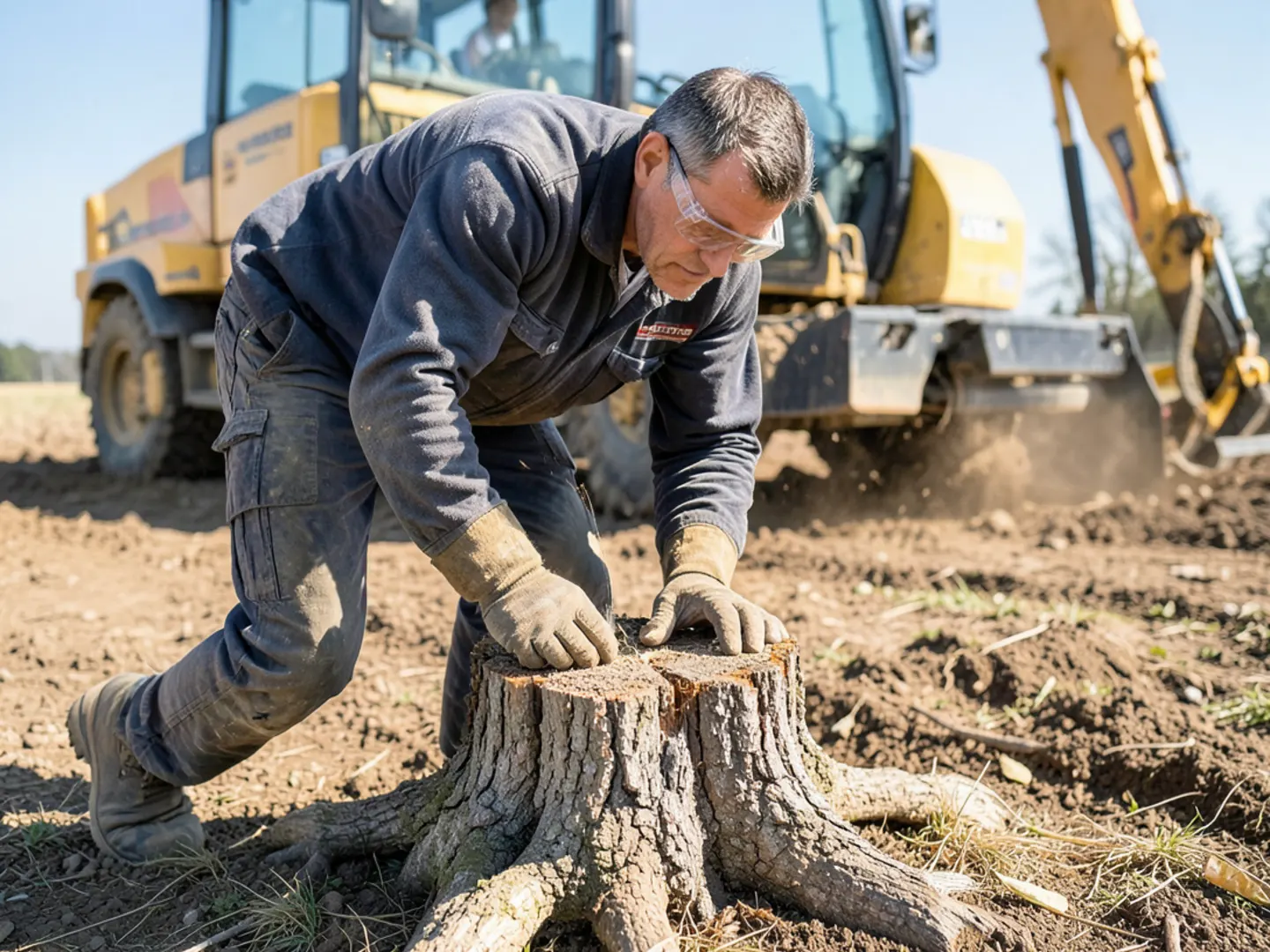 Experienced technician in eye protection measuring a root collar before grinding