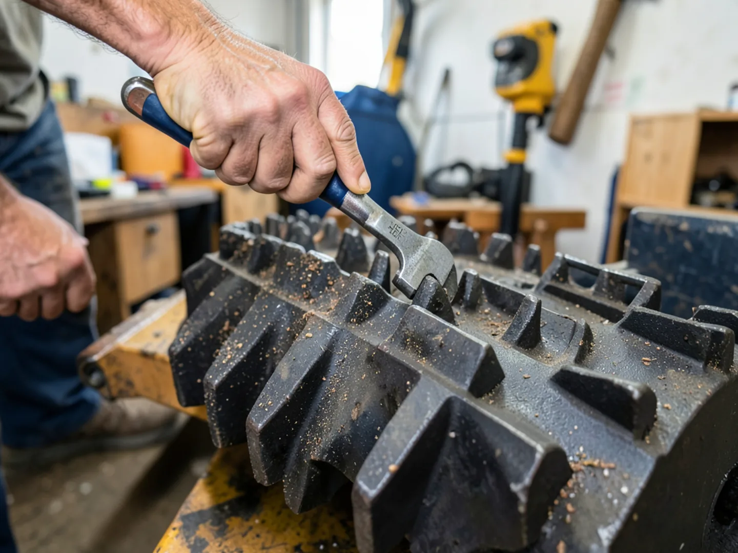Close-up of fresh, razor-sharp carbide cutting teeth bolted to a heavy steel cutting wheel