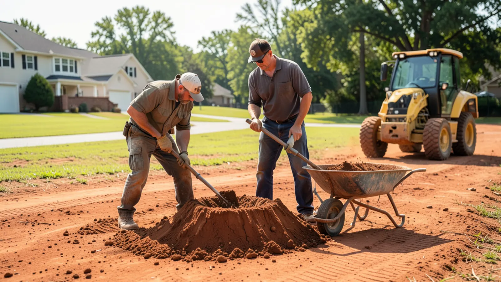Leveling rich topsoil over a ground stump pit in dense Georgia red clay