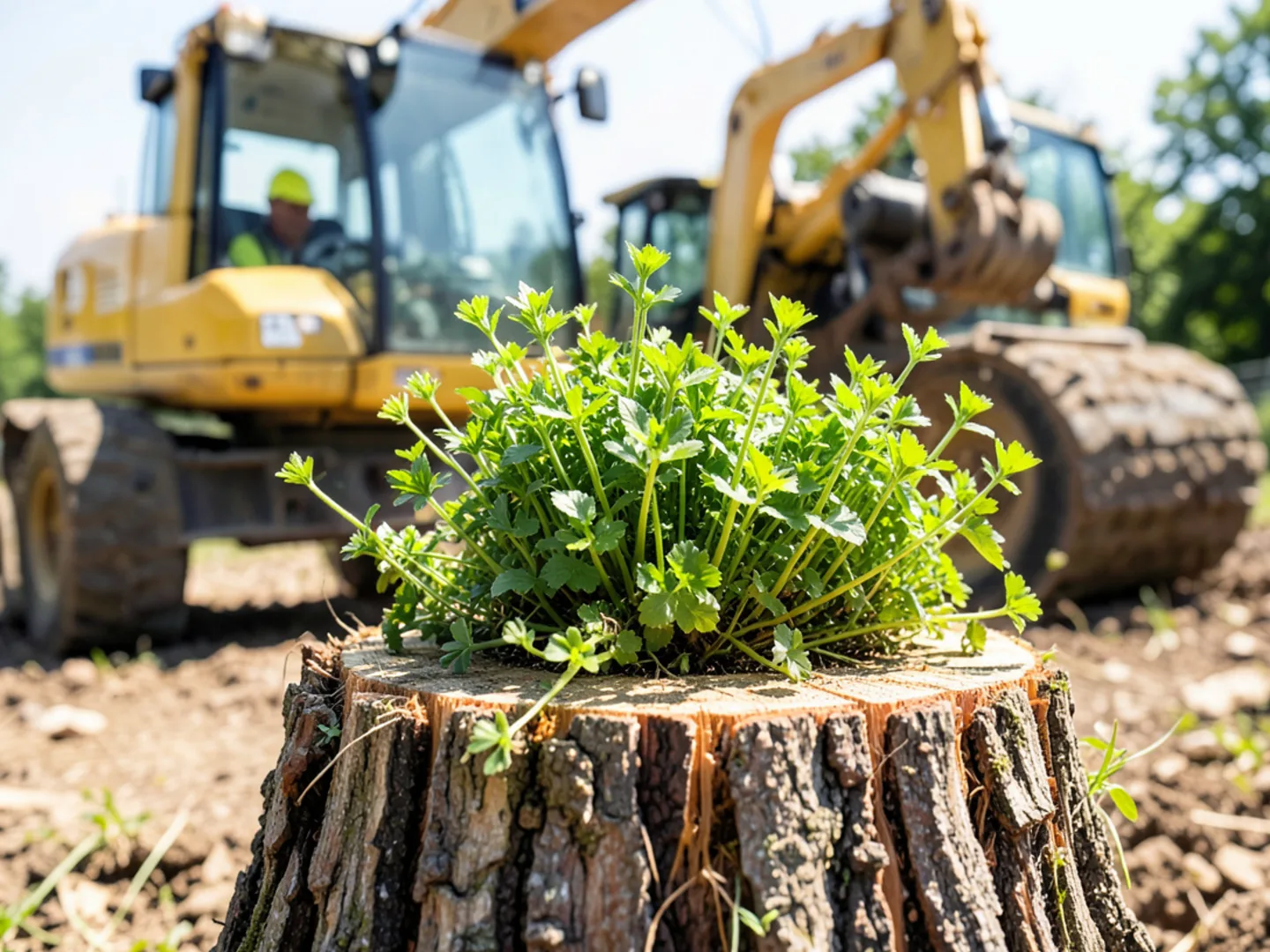 Vigorous leafy basal shoots and sprouts growing out of an unground tree stump root flare