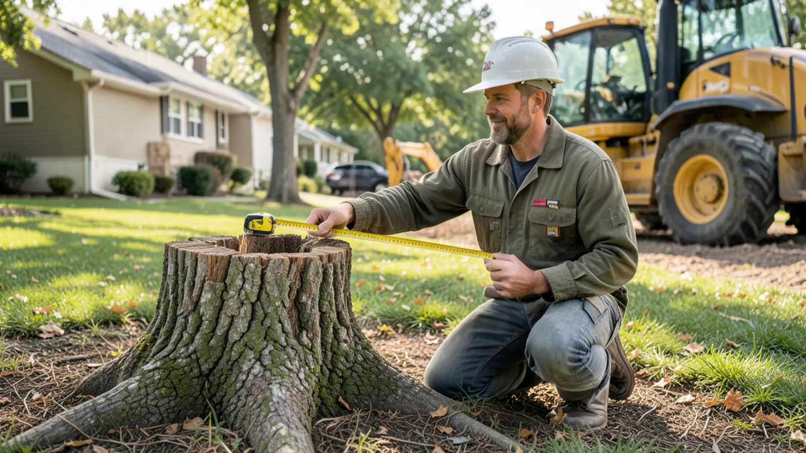 Measuring stump diameter across root flare with a yellow tape rule in Marietta GA