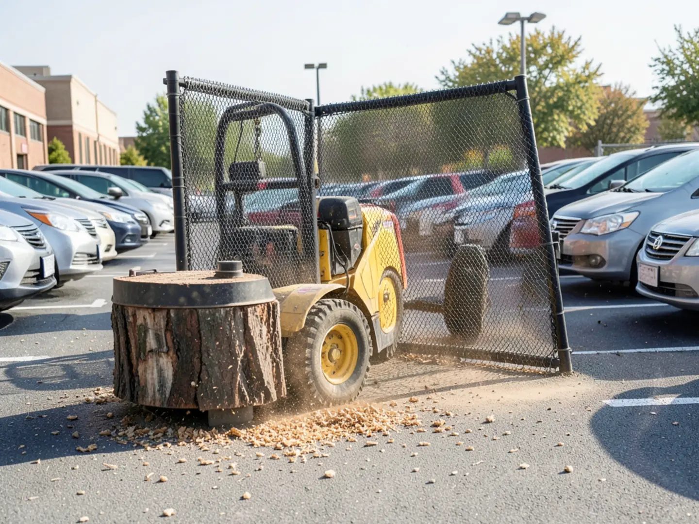 Heavy ballistic shield curtain positioned between a stump grinder and parked vehicles in an office park