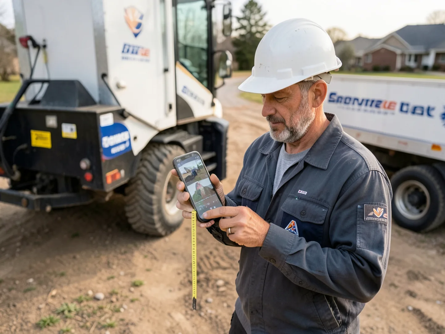 Technician reviewing customer-sent tape measured stump photos on a phone