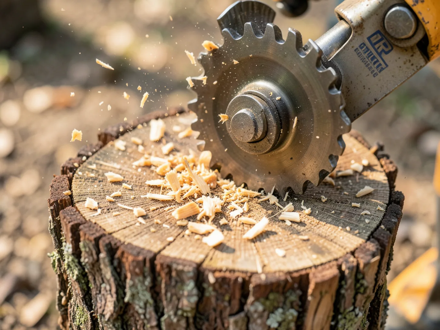 High-speed carbide-toothed cutting wheel grinding deep into a tree stump collar in Cobb County
