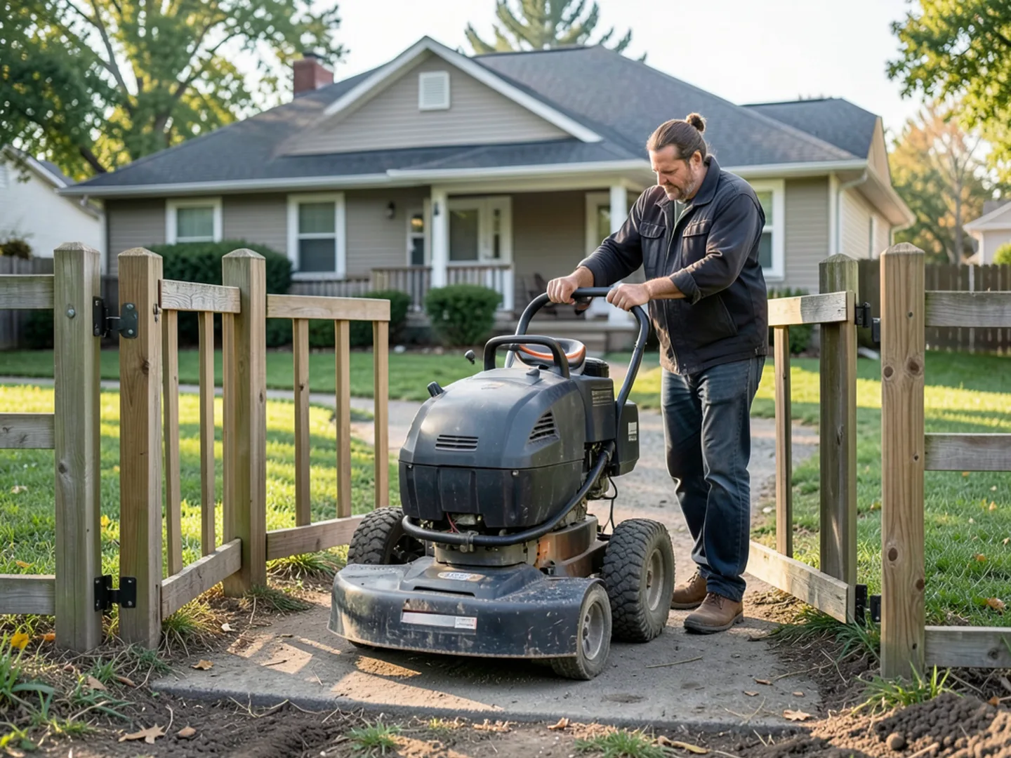 Compact self-propelled stump grinder passing through a 36-inch residential backyard fence gate