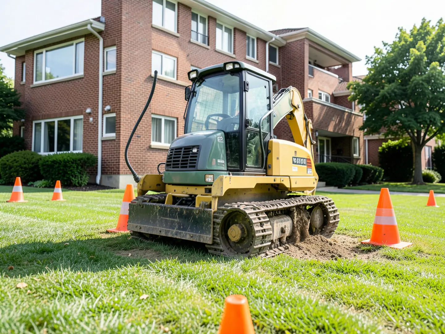 Rubber-tracked commercial stump grinder working on a residential East Cobb turf lawn