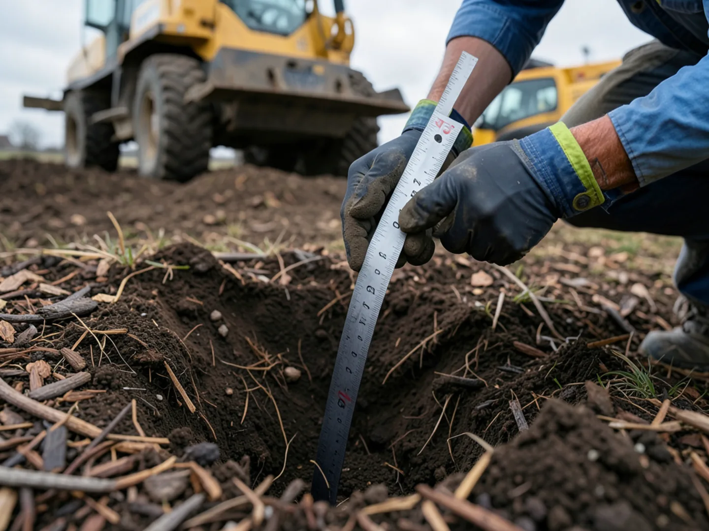 Measurement ruler verifying stump grind depth 8 inches below lawn grade in Marietta