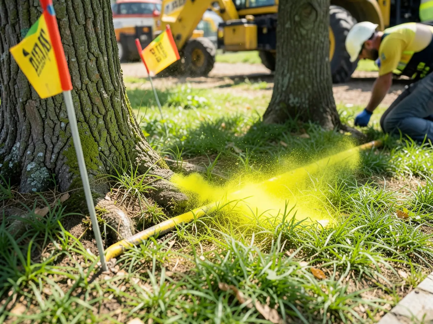 Bright Georgia 811 utility locate paint markings on grass near a tree stump