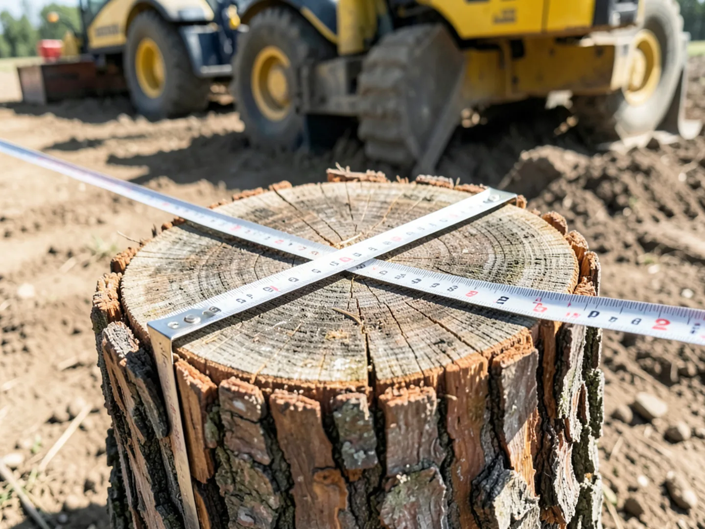 Tape measure placed across a tree stump root flare to calculate diameter for a phone quote