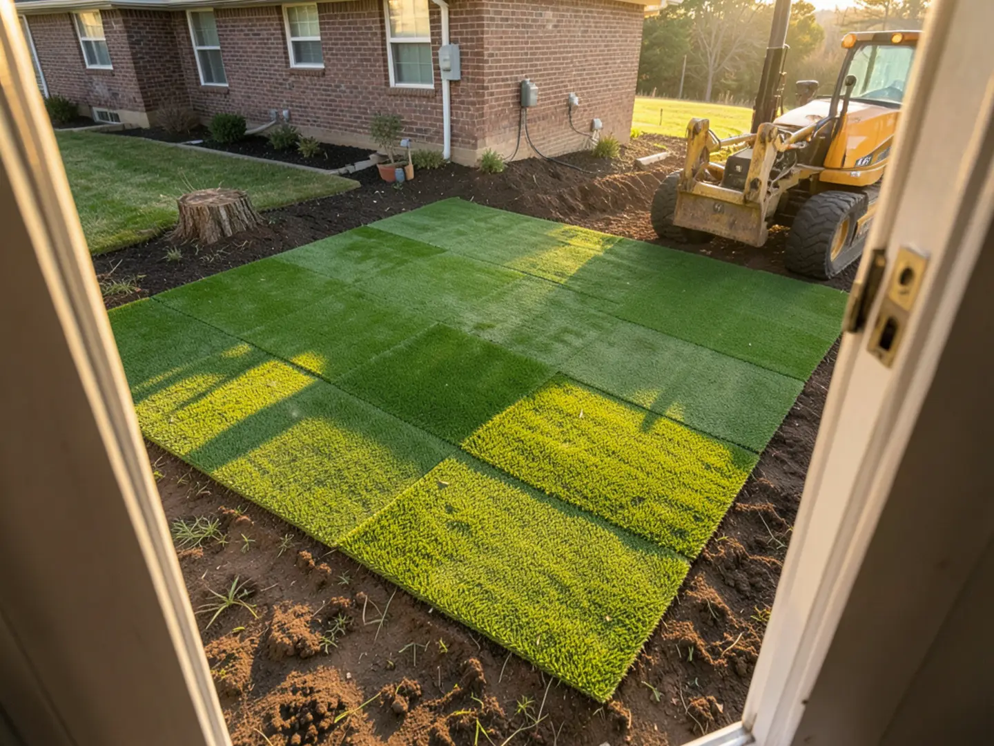 Vibrant green sod roll neatly laid over the former stump location on a Cobb County lawn