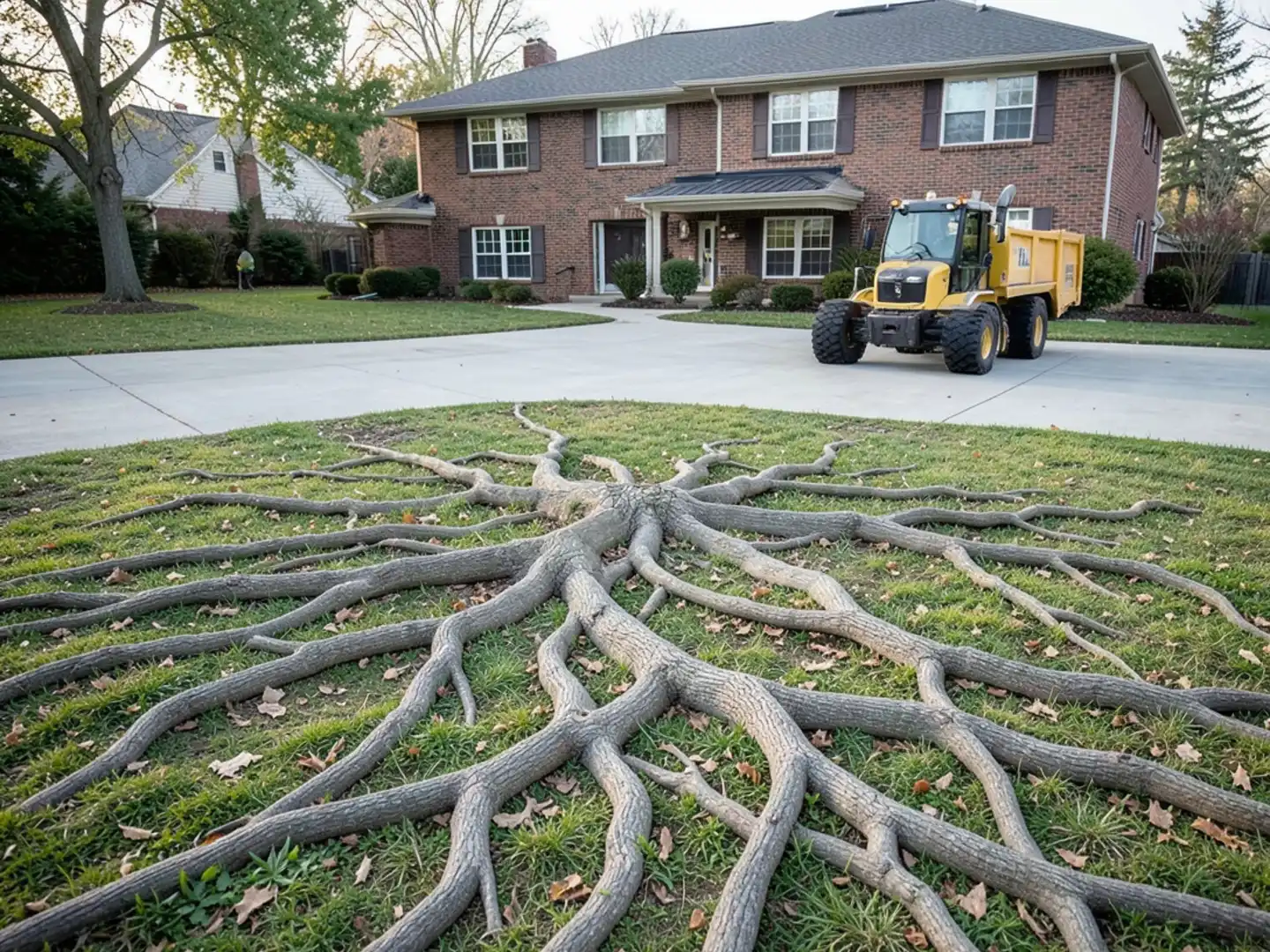 Extensive surface roots spreading across a 1970s Dunwoody home front yard