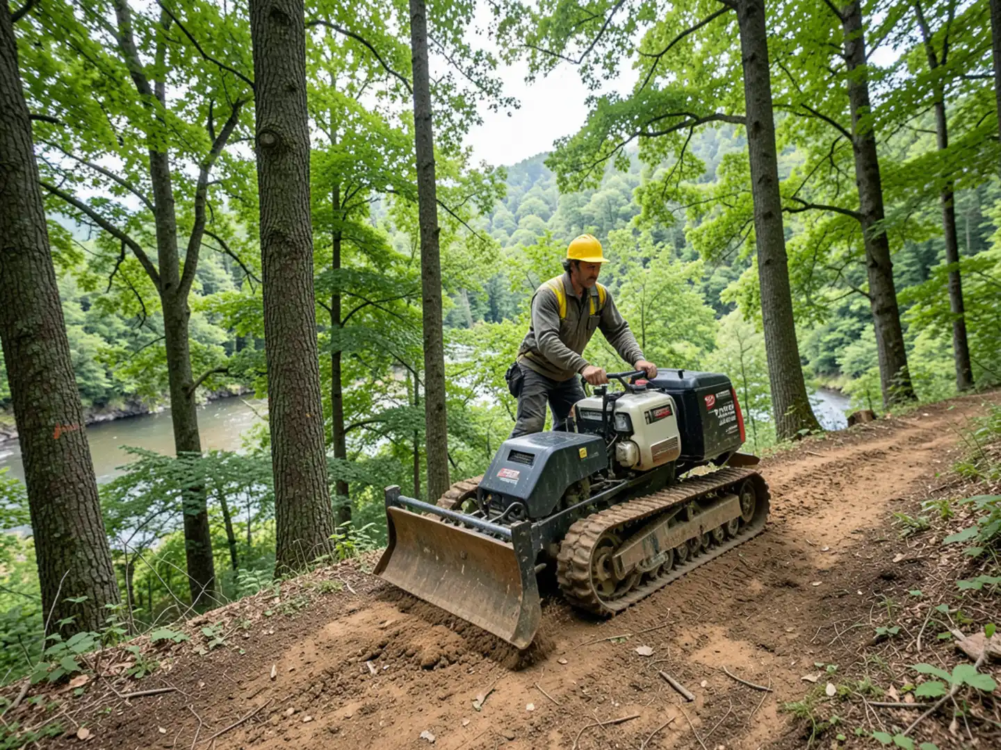 Specialized low-center equipment secured on a sloped residential hillside in Sandy Springs