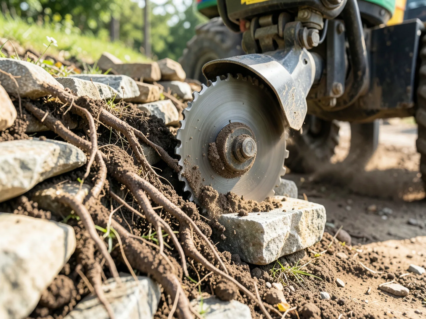 Careful stump grinding adjacent to a stone masonry retaining wall and landscape lighting
