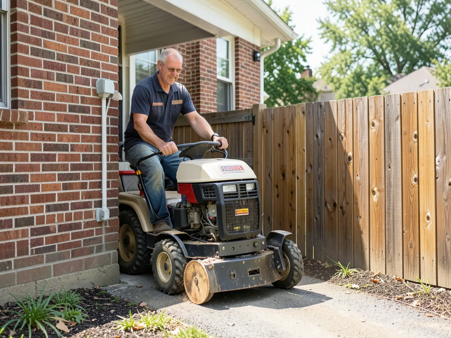 Compact stump grinding machine passing easily through a 36-inch wood gate in Smyrna