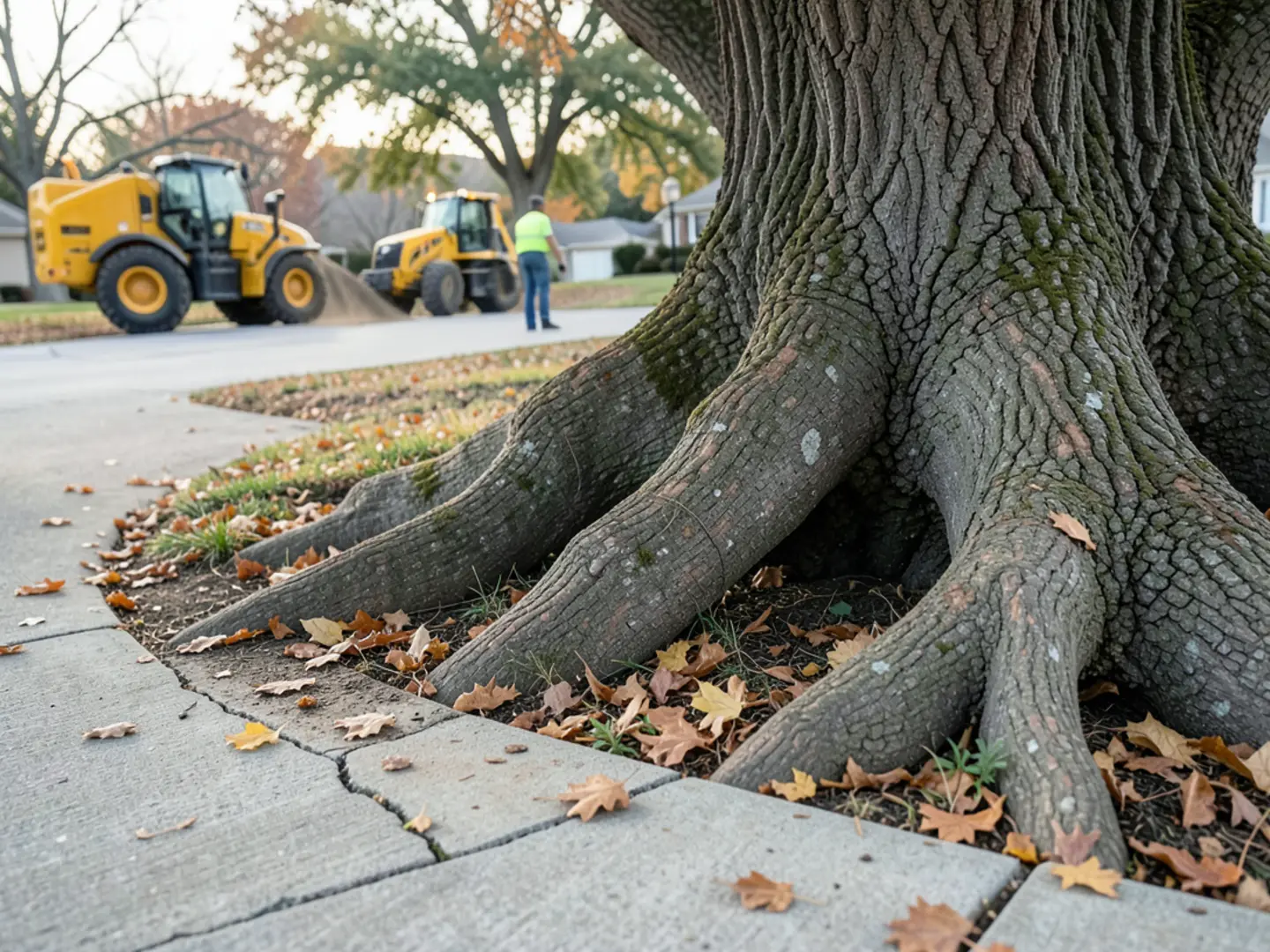 Aggressive lateral oak tree roots buckling and cracking a concrete driveway in East Cobb