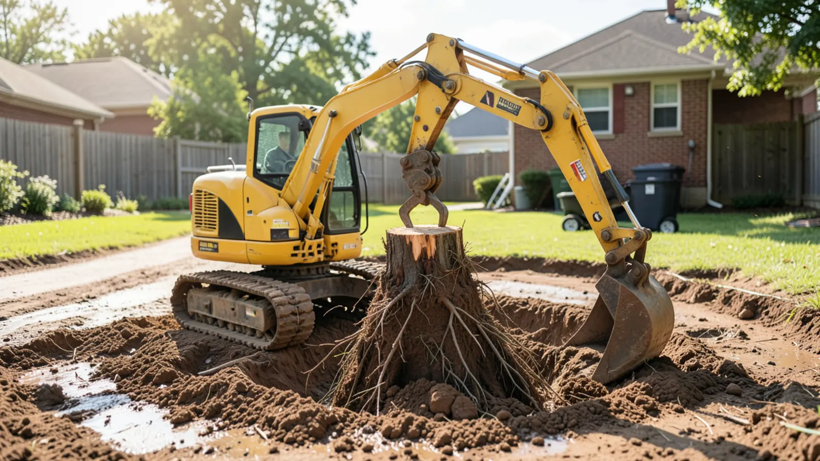 Heavy equipment performing complete tree root-ball extraction in red clay soil in Marietta GA